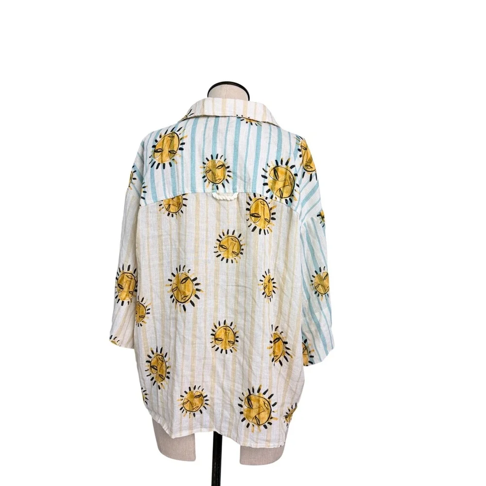 Anthropologie Sun Face Striped Linen Blend Button Down Shirt Blue‎ Yellow Small